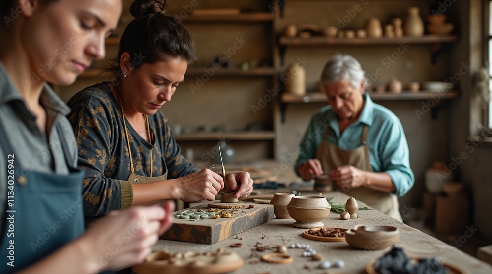 Local Artisans Engaged In Crafting In A Well-Lit Workshop Local Artisans Engaged In Crafting In A Well-Lit Workshop