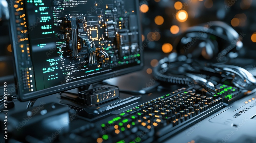 Obraz premium High-tech workspace featuring a powerful computer setup with illuminated keyboard, dynamic circuit board display, and a sophisticated headset on a sleek black desk