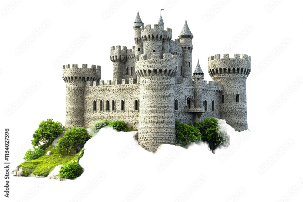 Fototapeta premium Stone Castle Stands Majestically Isolated on PNG Transparent Background
