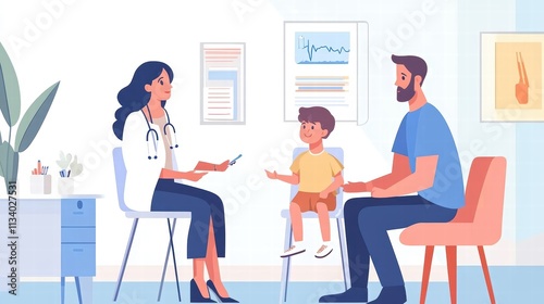 doctor talking with child and parent in clinic