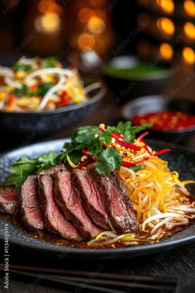 Savory grilled steak dish with fresh vegetables gourmet restaurant culinary delight cozy ambiance close-up view food presentation Savory grilled steak dish with fresh vegetables gourmet restaurant culinary delight cozy ambiance close-up view food presentation
