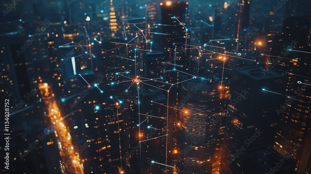Obraz premium Smart digital Innovation city with connection network reciprocity over the cityscape. of future smart wireless digital city and social media networking systems that connects people with in city