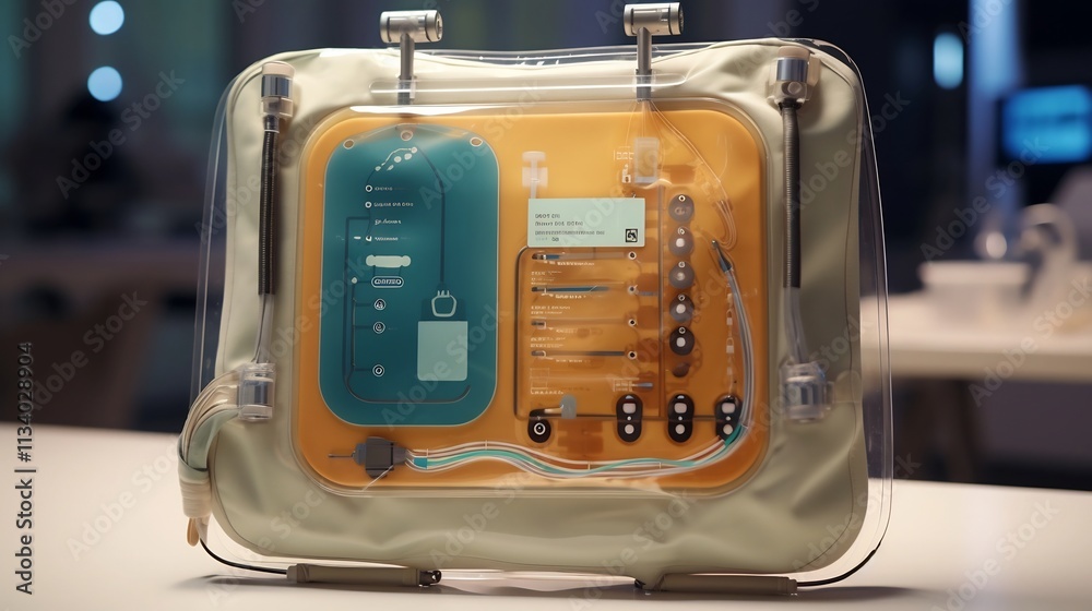 Obraz premium Detailed close up view of a transparent dialysis fluid bag displaying visible measurement markings and scales
