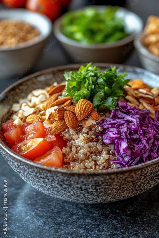 A colorful quinoa bowl topped with fresh vegetables and nuts, promoting healthy eating. A colorful quinoa bowl topped with fresh vegetables and nuts, promoting healthy eating.