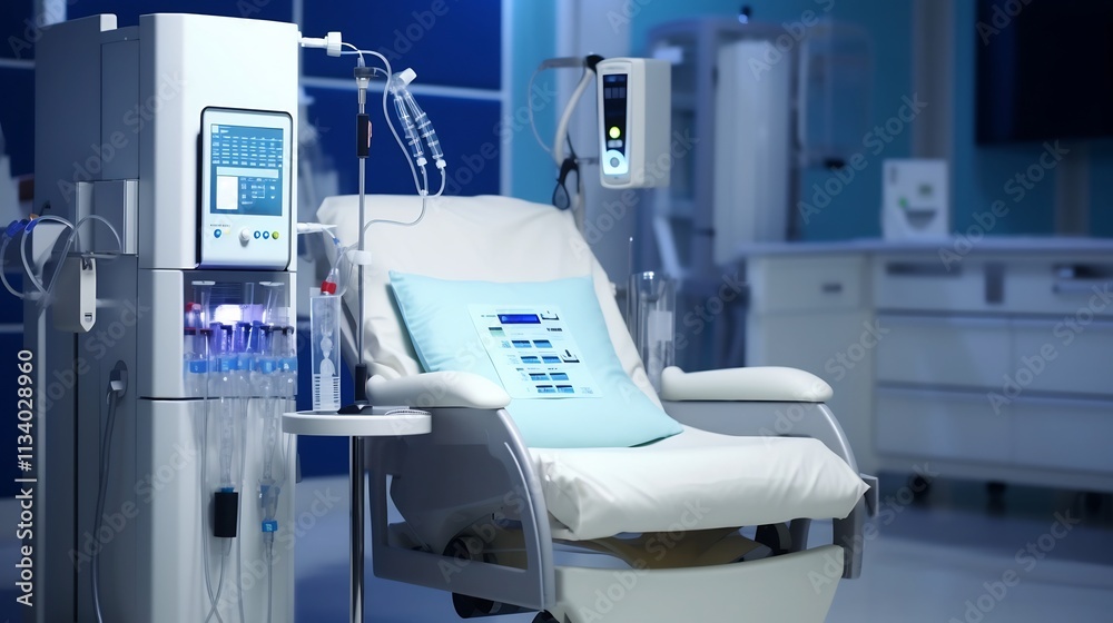 Brightly Lit and Sterile Medical Setting Equipped with Dialysis Machine and Other Advanced Treatment Instruments for Localized Patient Care and Vital Therapy Brightly Lit and Sterile Medical Setting Equipped with Dialysis Machine and Other Advanced Treatment Instruments for Localized Patient Care and Vital Therapy