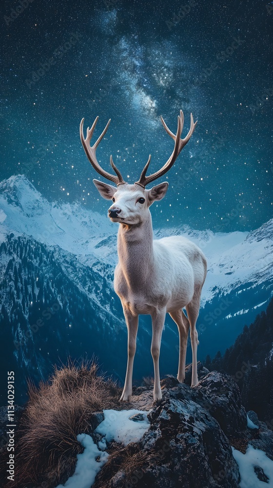 A majestic white deer with perfect antlers, on the mountain and the view of the stars in the beautiful sky A majestic white deer with perfect antlers, on the mountain and the view of the stars in the beautiful sky