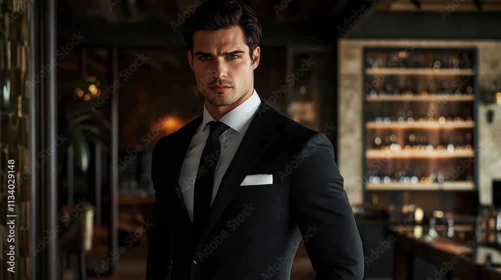 sophisticated man in black suit at luxury bar sophisticated man in black suit at luxury bar