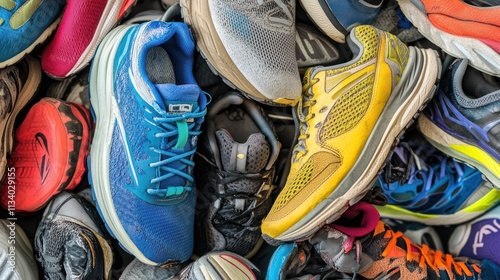 A variety of running shoes, assorted colors and styles, piled high.