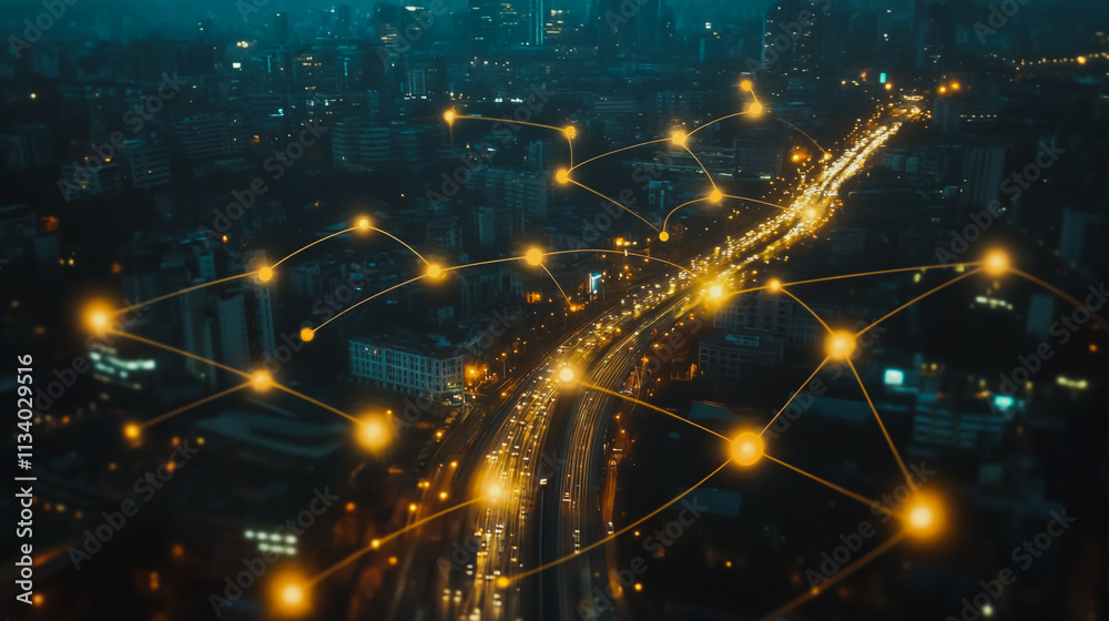 Obraz premium Smart digital Innovation city with connection network reciprocity over the cityscape. of future smart wireless digital city and social media networking systems that connects people with in city