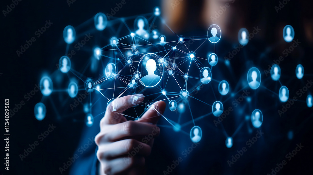 A person touching a digital social media network connection with human glowing icons. Searching people in web concept. A person touching a digital social media network connection with human glowing icons. Searching people in web concept.