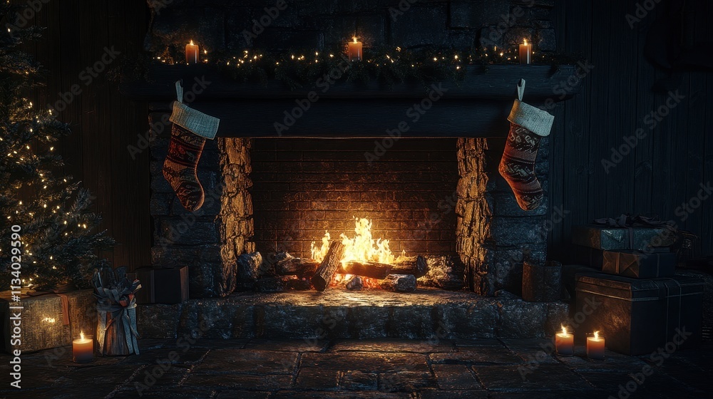 Cozy Christmas fireplace scene with stockings, presents, and a glowing fire. Perfect for holiday cards, websites, or winter-themed projects. Cozy Christmas fireplace scene with stockings, presents, and a glowing fire. Perfect for holiday cards, websites, or winter-themed projects.