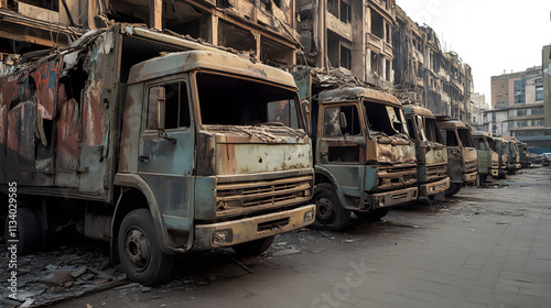 Empty damaged trucks scattered on a desolate street, symbolizing the aftermath of a crisis and the need for resilience and rebuilding. photo