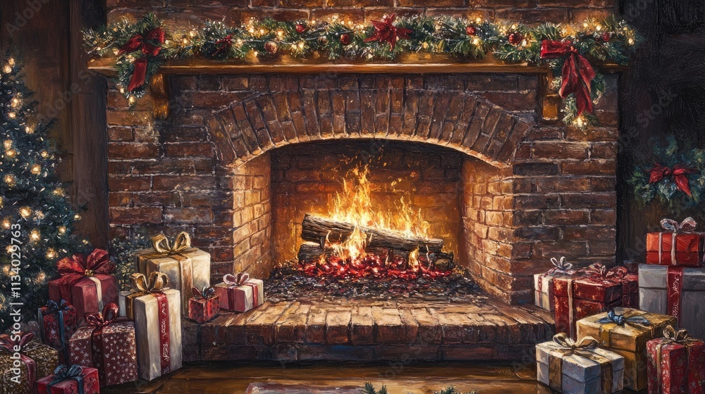Cozy Christmas Fireplace with Gifts and Twinkling Lights Cozy Christmas Fireplace with Gifts and Twinkling Lights
