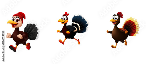Cheerful cartoon turkey jogging with a big smile isolated on transparent background