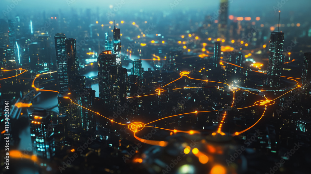 Fototapeta premium Smart digital Innovation city with connection network reciprocity over the cityscape. of future smart wireless digital city and social media networking systems that connects people with in city