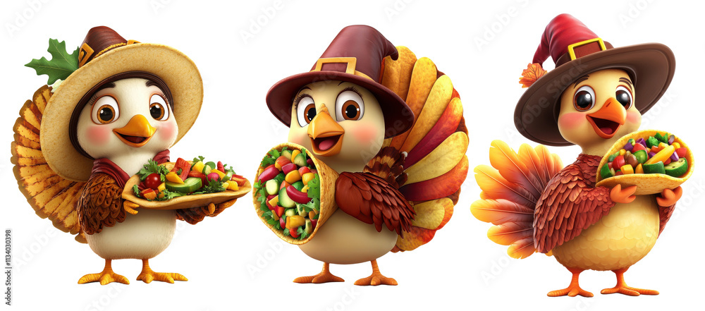 Fototapeta premium Set of Cartoon turkey in pilgrim hat holding vegetable taco isolated on transparent background