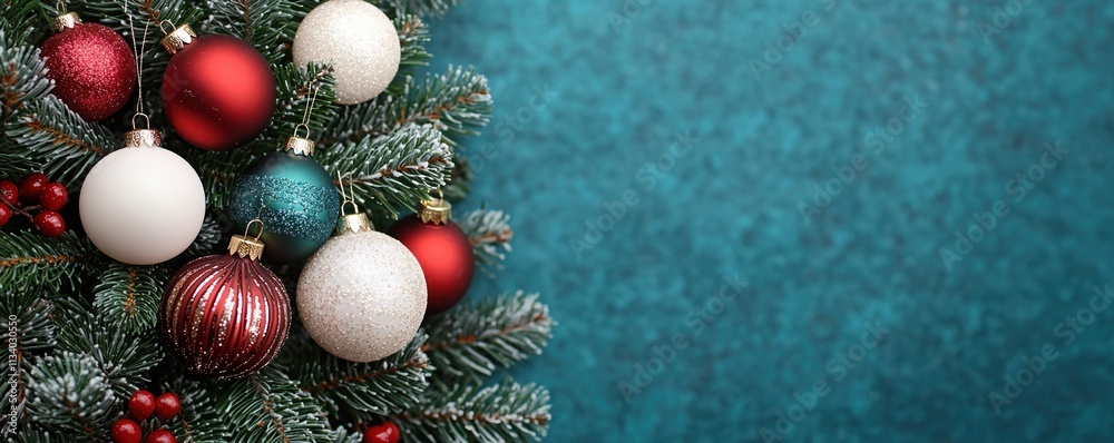 merry christmas gathering concept. A festive Christmas tree adorned with colorful ornaments against a textured teal background. merry christmas gathering concept. A festive Christmas tree adorned with colorful ornaments against a textured teal background.