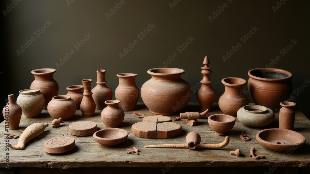 Knolling of Cultural Artifacts from Ancient Civilizations on Rustic Wooden Table