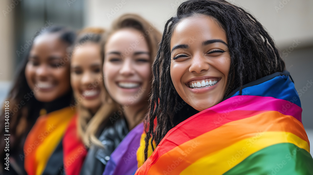 Smiling different black and white women with LGBT flag. Diversity, equity and inclusion concept. Smiling different black and white women with LGBT flag. Diversity, equity and inclusion concept.