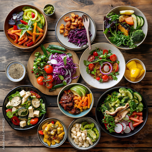 A vibrant plant-based vegan feast graces a rustic wooden table, displaying colorful dishes of vegetables, salads, and alternative proteins in soft natural light photo