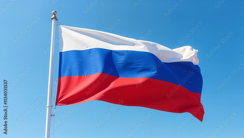 Fototapeta premium Russian flag on flagpole against a blue sky background. Flag of the Russian Federation in close-up. Symbol of Russia 