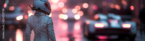 Night Race Driver, Awaits the Start, City Lights Blur, Dramatic Race Suit photo