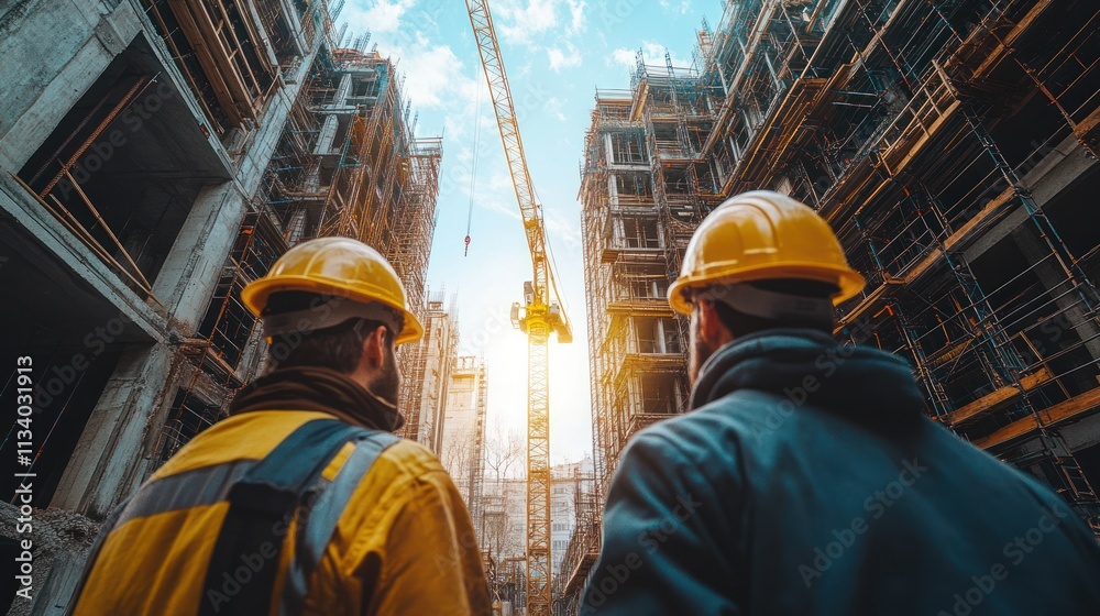 Construction Workers Surveying a Skyscraper Under Construction Construction Workers Surveying a Skyscraper Under Construction