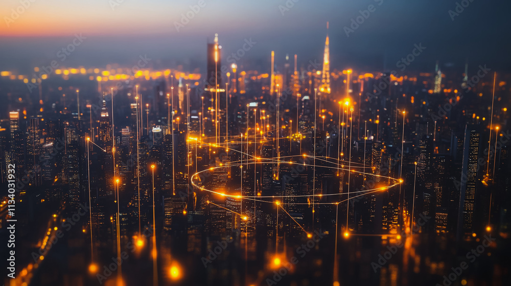 Fototapeta premium Smart digital Innovation city with connection network reciprocity over the cityscape. of future smart wireless digital city and social media networking systems that connects people with in city