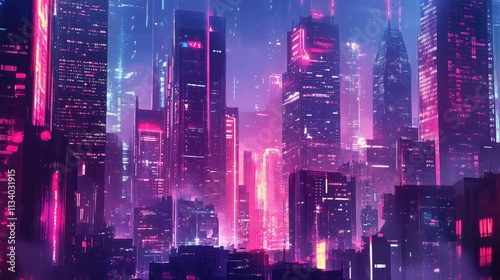 Wallpaper Mural Futuristic Cityscape at Night with Vibrant Neon Lights and Skyscrapers Torontodigital.ca