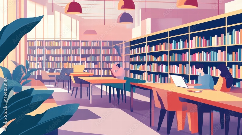 Fototapeta premium modern library interior with students studying