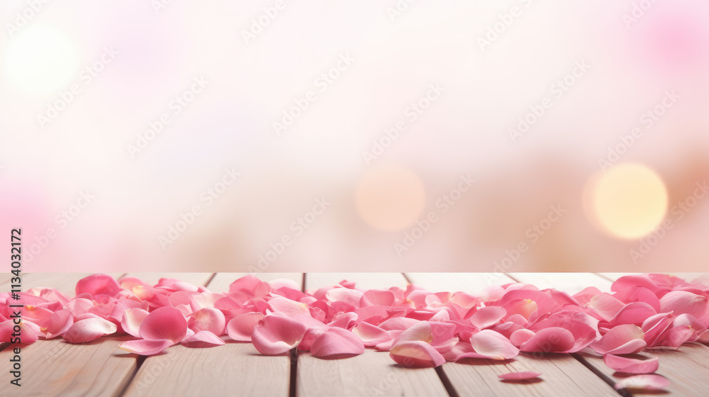 Serene Pink Petal Display on Wooden Tabletop Serene Pink Petal Display on Wooden Tabletop