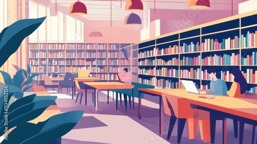 modern library interior with students studying