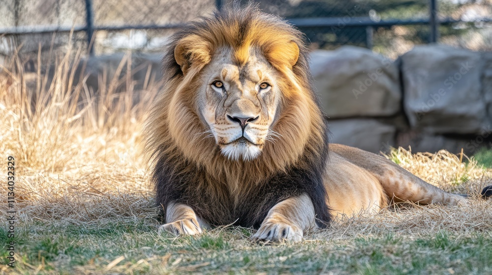 Obraz premium Majestic lion resting in a grassy enclosure.