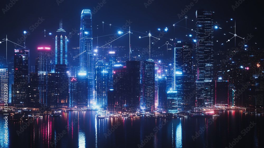 Fototapeta premium Smart digital Innovation city with connection network reciprocity over the cityscape. of future smart wireless digital city and social media networking systems that connects people with in city