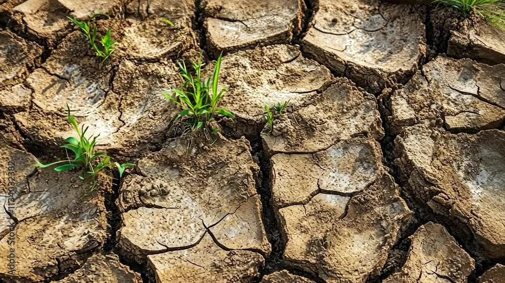 Resilience:  Life finds a way. A close-up of cracked earth, parched and dry, yet resilient green shoots push through the cracks, symbolizing hope and perseverance in the face of adversity. 