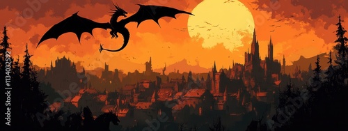 Epic dragon soars over sunset cityscape fantasy landscape digital art magical atmosphere aerial view imagination unleashed