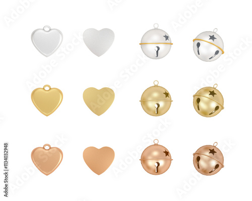 Traditional Christmas decoration gold, bronze and silver jingle bell and heart pendant