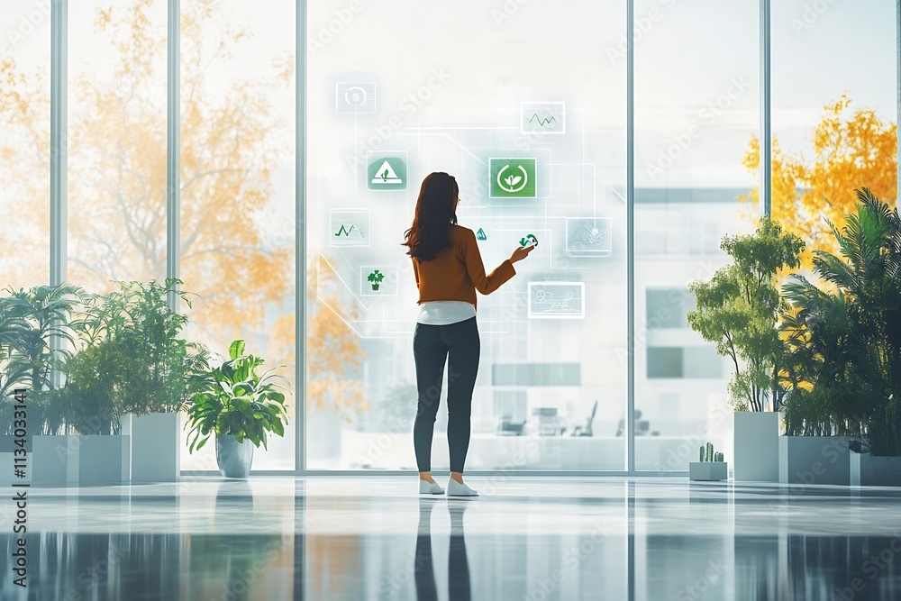 Businesswoman Interacting with Digital Sustainability Icons in Sleek Corporate Office Businesswoman Interacting with Digital Sustainability Icons in Sleek Corporate Office