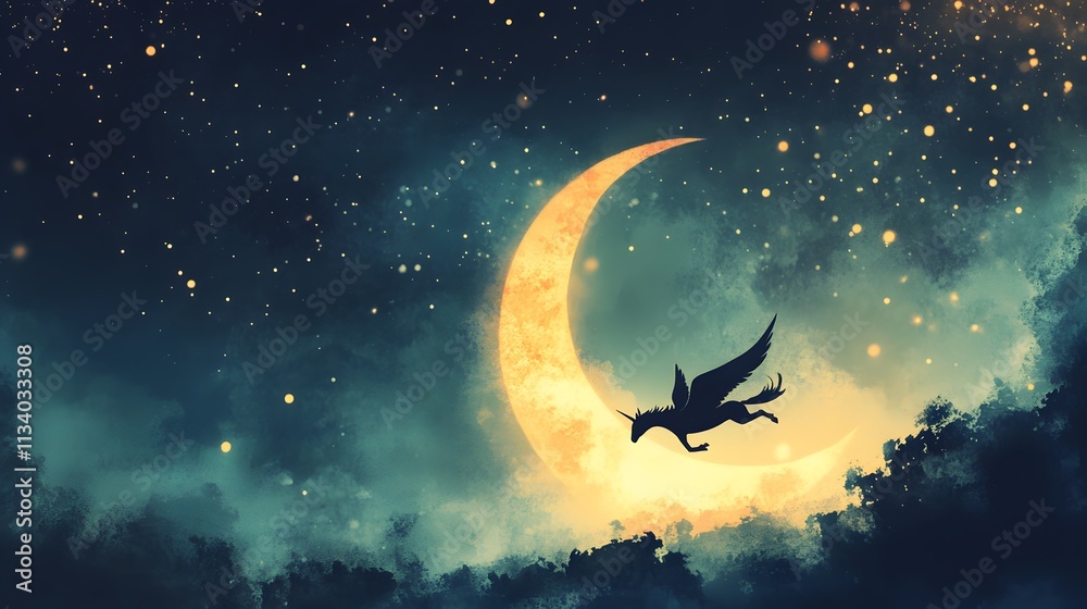 Naklejka premium Winged Unicorn Soaring Past Crescent Moon Night Sky