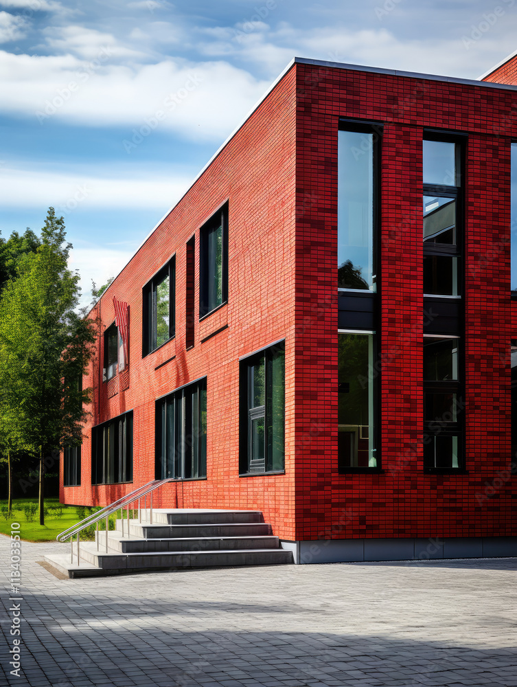 Modern Red Brick Building with Green Trees Modern Red Brick Building with Green Trees
