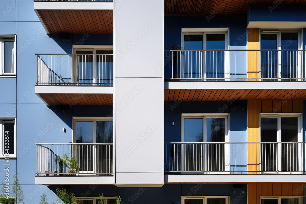 Modern Apartment Facade with Blue Accents Modern Apartment Facade with Blue Accents