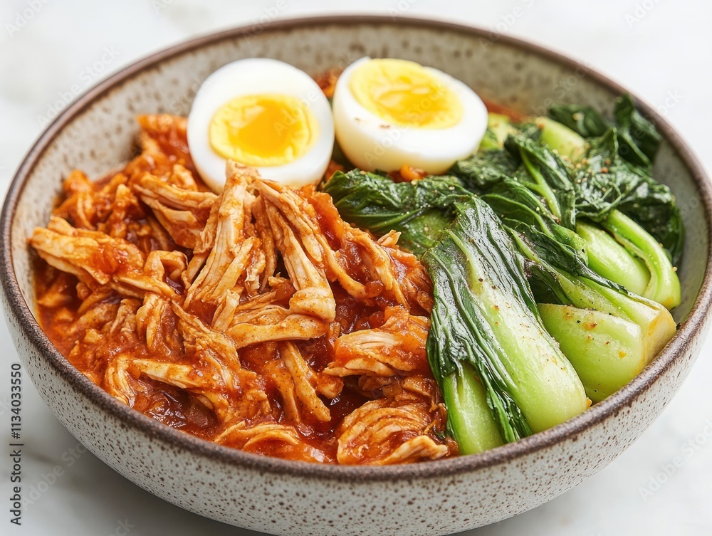 A bowl of shredded chicken with soft-boiled eggs and bok choy in a savory sauce. A bowl of shredded chicken with soft-boiled eggs and bok choy in a savory sauce.