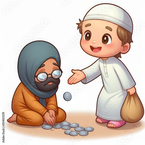 cartoon of a child giving money to a beggar