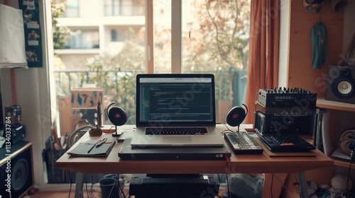 Wallpaper Mural home music studio workspace with laptop and audio equipment Torontodigital.ca