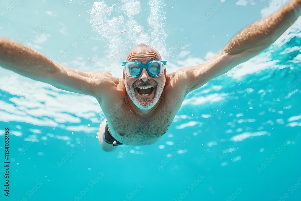Naklejka premium A man in a swimsuit is swimming in the ocean with a big smile on his face