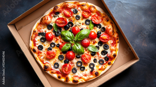 Pizza with tomatoes and olives in a cardboard box on black background, top down view, flat lay.