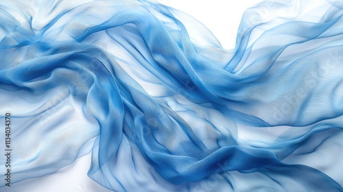 Abstract background, Translucent fabric in a light blue color flying all over the scene, on white background. The image conveys a sense of cleanliness, freshness, motion gentleness of the fabric. 