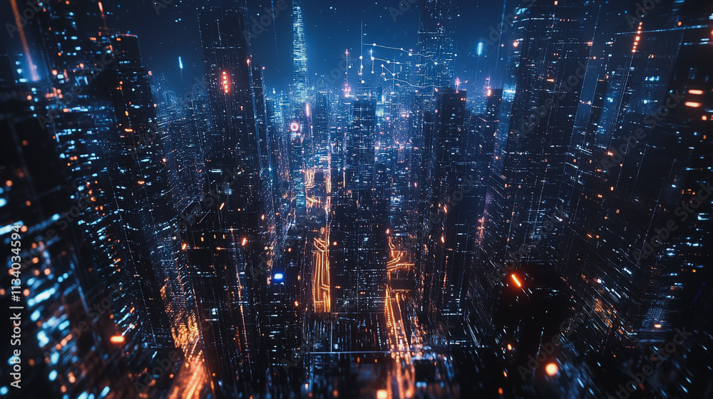 Obraz premium Smart digital Innovation city with connection network reciprocity over the cityscape. of future smart wireless digital city and social media networking systems that connects people with in city