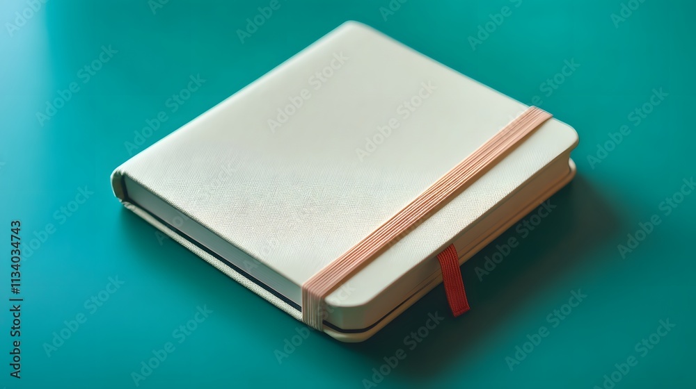 Closed square cream notebook with peach elastic band on teal background. Closed square cream notebook with peach elastic band on teal background.