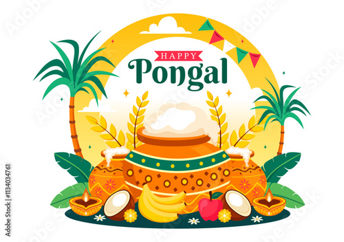 Happy Pongal Vector Illustration of the Traditional Tamil Nadu India Festival Celebration, Featuring Sugarcane and a Plate of Religious Props